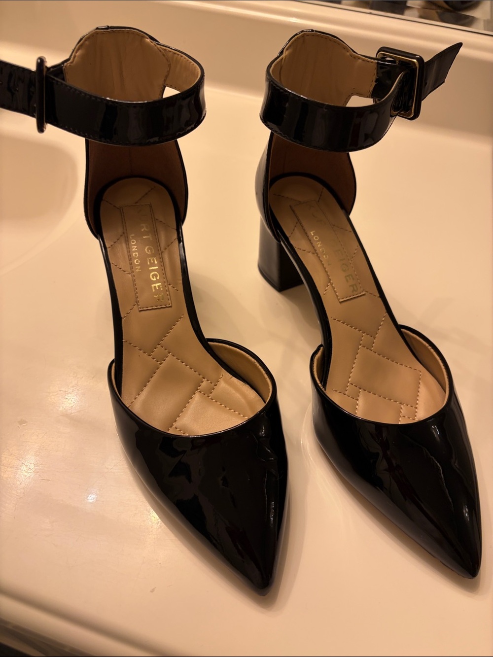 Kurt Geiger Black Patent Pointed Ankle-Strap Block Heels